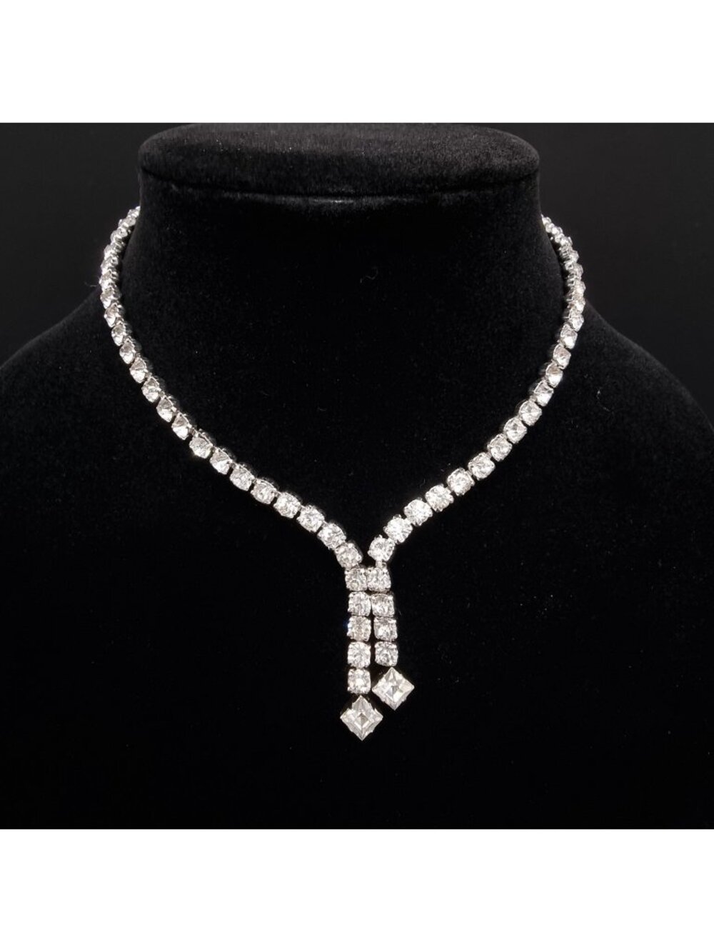 Vintage 1960's Rhinestone Y Necklace With Statement Drop Pendant